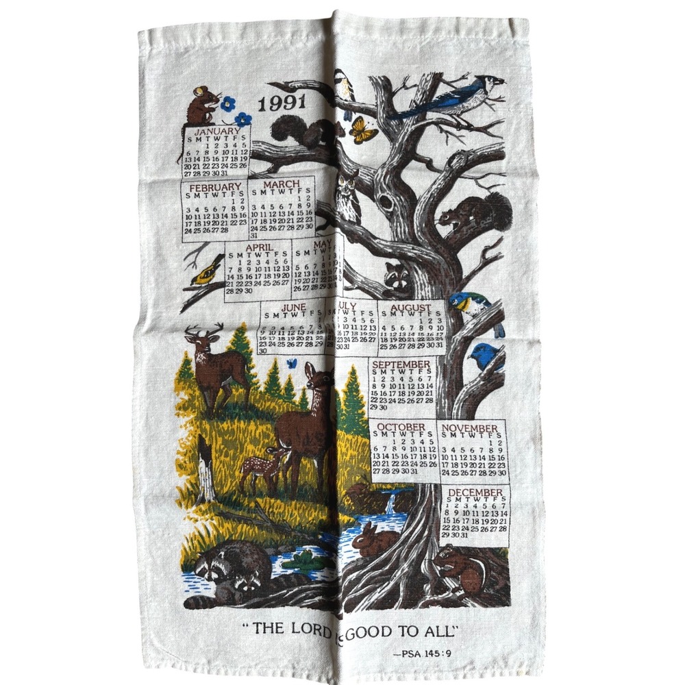 Vintage 1991 Calendar Tea Towel‎ Woodland Animals Religious Psalm 145:9 Linen
